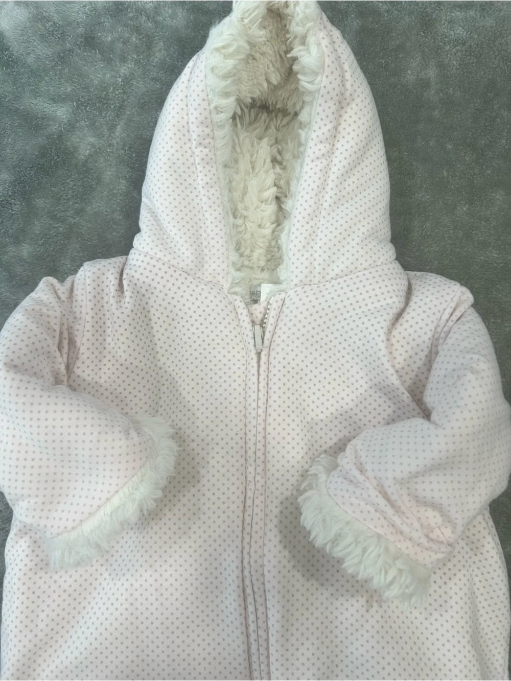 Restoration Hardware Baby & Child Pink gray Polka Dot Hooded Bunting pram 6 mos